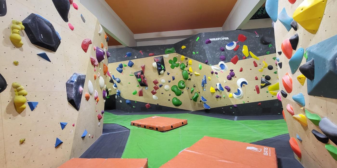 Blick in den Boulderbereich der Isatis mit Holzwänden und farbigen Griffen